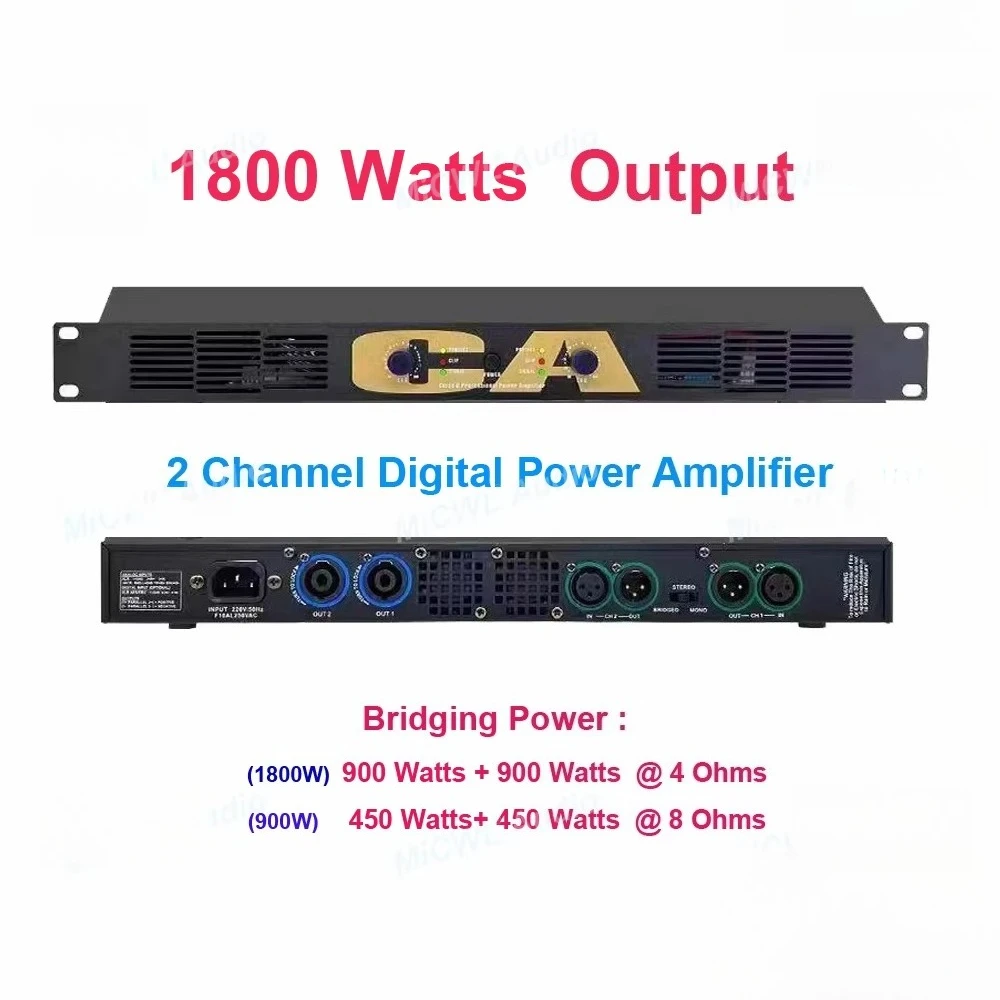 Pro Slim 1U Light Weight 2000W Digital Power Amplifier Class D 2 Channel 1800 Watt Stage Karaoke Sound Bridge Function