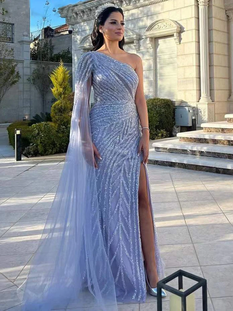 Lilac High Split Mermaid 2023 Elegant Sexy One Shoulder Evening Dresses Luxury Beaded For Women Party Prom Gowns Vestido De Gala