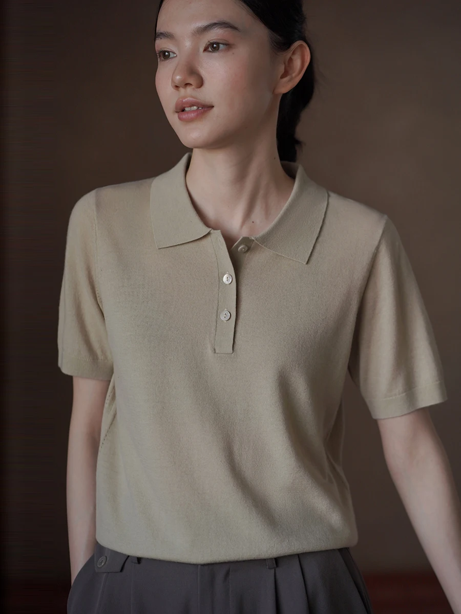 

Тонкая шерстяная вязаная рубашка с коротким рукавом и круглым вырезом для женщин от Hacikis, прямого кроя, базовая, однотонная, для повседневной носки