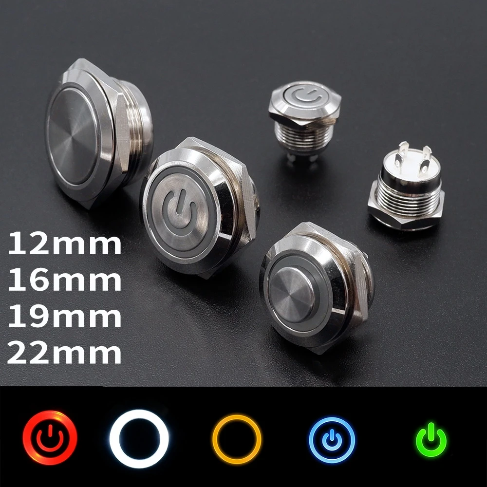 Metal Push Button Switch 12mm 16mm 19mm 22mm Short-Throw Momentary Self-Reset LED Light Power On Off Stainless Steel 6V 12V 24V