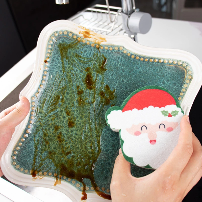 Kitchen Dishwashing Sponge Santa Claus Christmas Tree Sponge Dish Cloths Pot Wipe Cleaning Tools