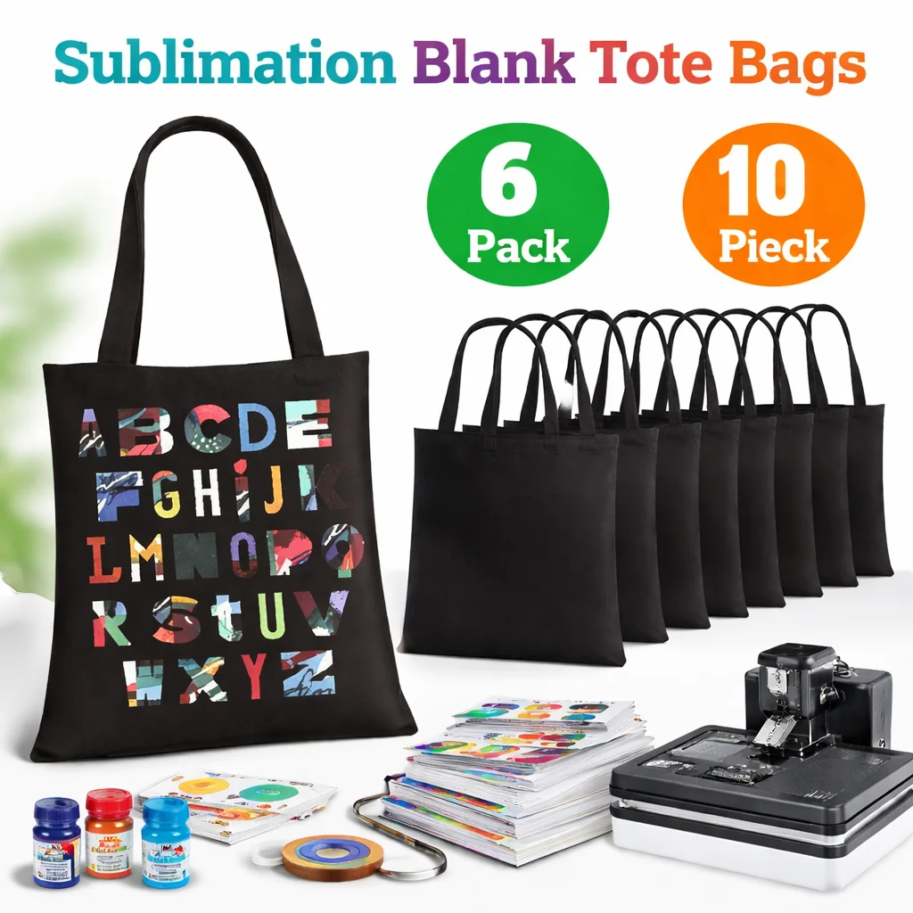 6/10pcs Sublimation Blank Tote Bags, Reusable Canvas Bags with Handle for DIY Printing, Shopping, School, Travel  Craft Projects
