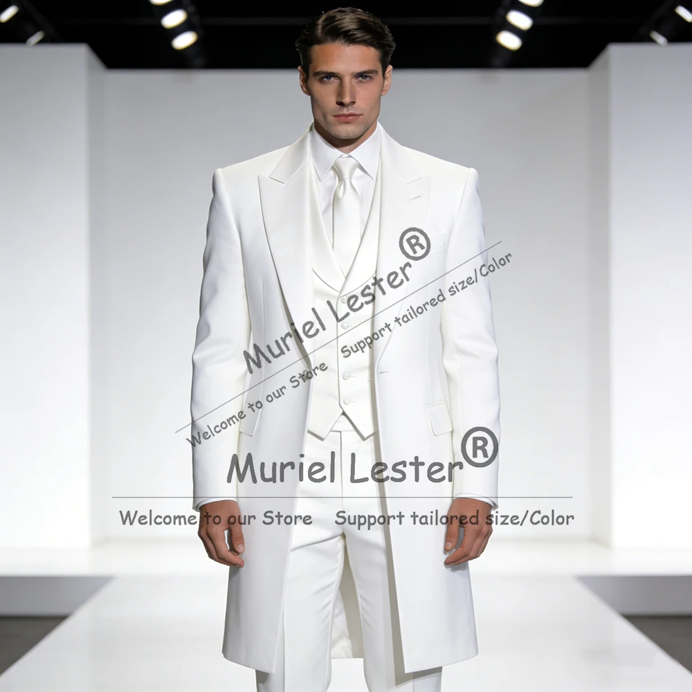 

Elegant Solid Suits Men Long Single Breasted Jacket Vest Pants 3 Piece Set Groom Banquet Wedding Tuxedos Customized Ropa Hombre