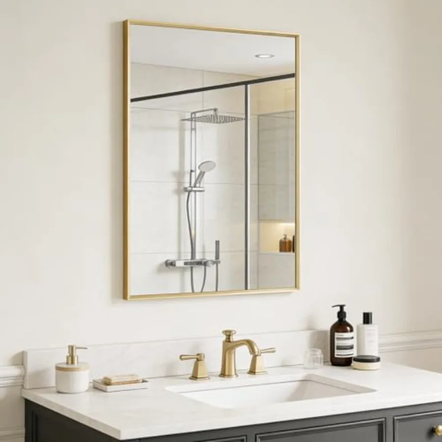 

Brushed Gold Bathroom Mirror for Wall 24" x 36" Beveled Framed Bathroom Vanity Mirror for Over Sink Farmhouse Tempered Glass An