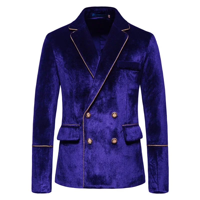 Wedding Grooms Suit for Men 2 Pcs Blazer + Pant Costume Luxe Velvet Gold Trim Double-breasted Elegant Jacket Complet Pour Homme