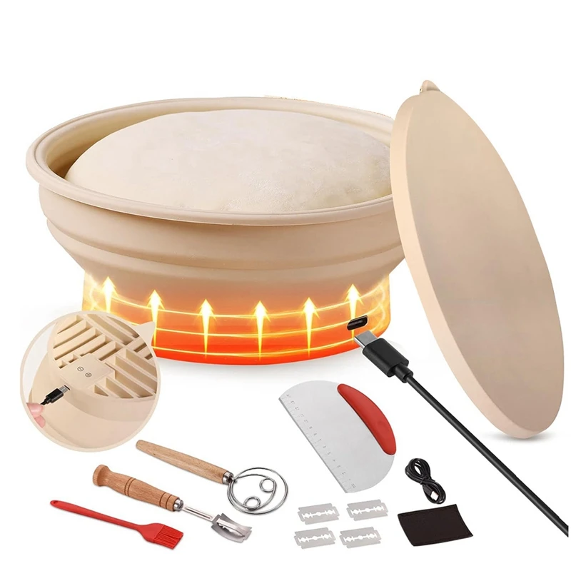 Heating Sourdough Bread Proofing Basket Set, Electric Thermostatic Silicone Batter Bowl,Banneton Sourdough Bread 9 Inch