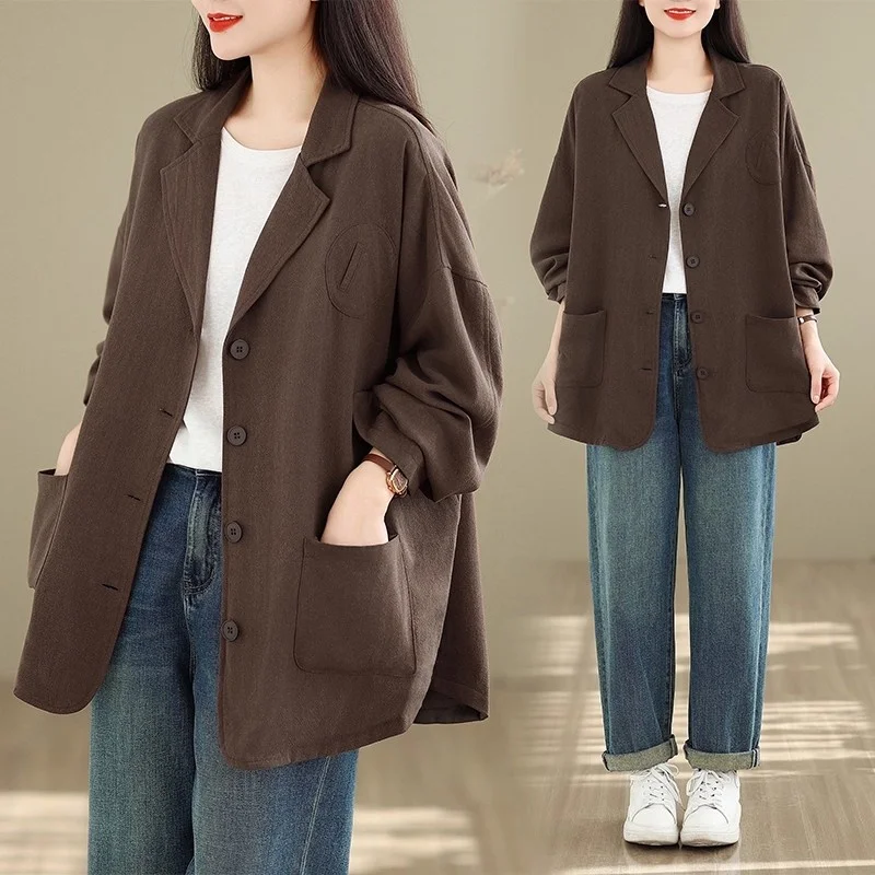 リネンブレザー レディースコート：春夏カジュアル長袖ジャケット、ゆったりフィットのオープンフロントブレザー（裏地付き）、無地 W1842