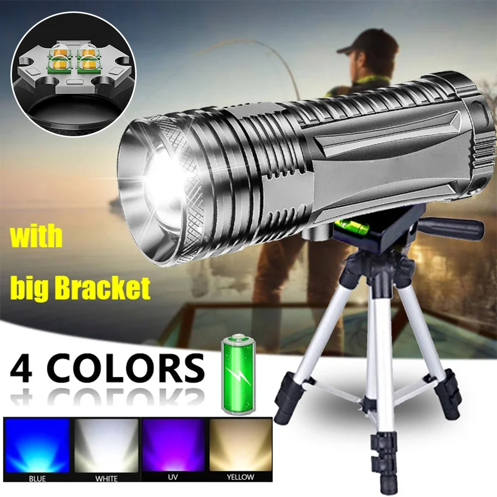 

Strong Power Fishing Flashlight Rechargeable Camping Lamp Zoom Torch 4 Light Sources Blue UV White Yellow Light with Bracket