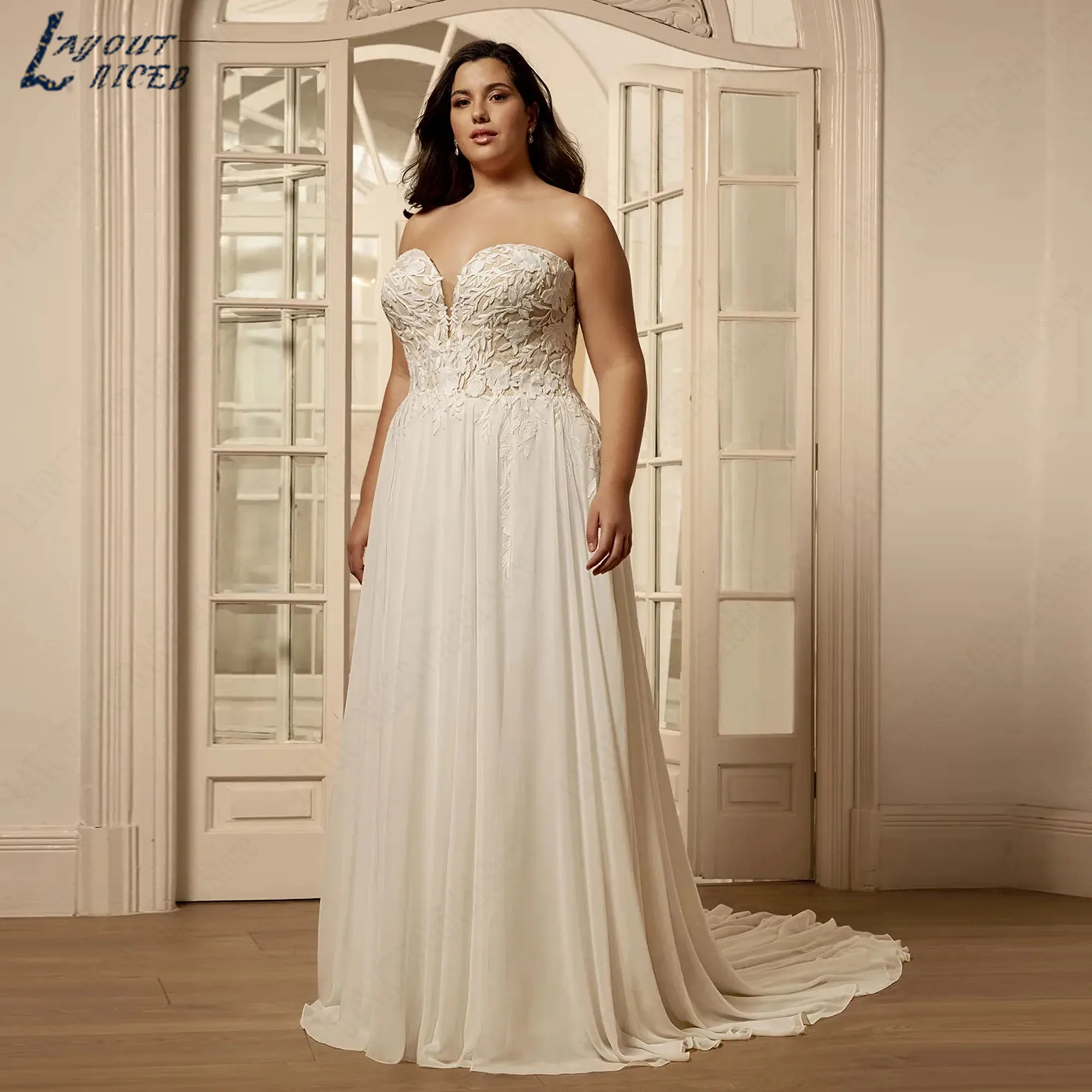 Flowy Chiffon A-Line Wedding Dress Plus Size Strapless Appliques Backless Bridal Gowns Boho Elegant vestidos de novia Customized