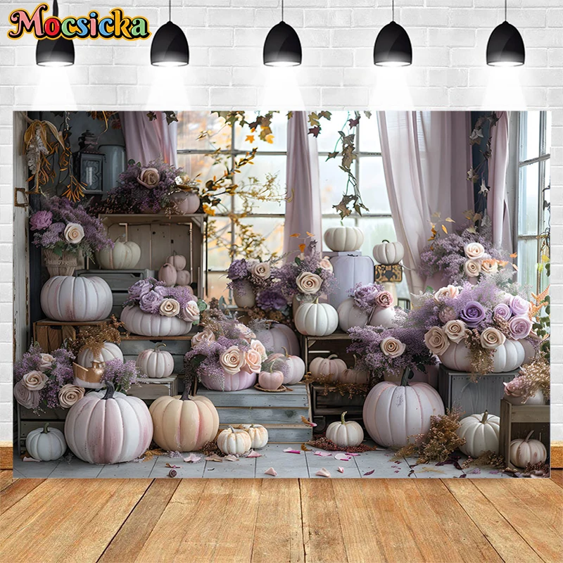 Mocsicka Photography Background Spring Pumpkin Floral Curtains Decor Baby Shower Adult Kids Portrait Backdrop Photo Studio