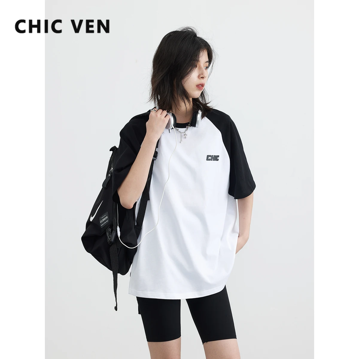 CHIC VEN Women T-shirts Vintage Casual Loose Contrast Short Sleeve Letter Tops Streetwear Short Tees Female Clothes Summer 2023