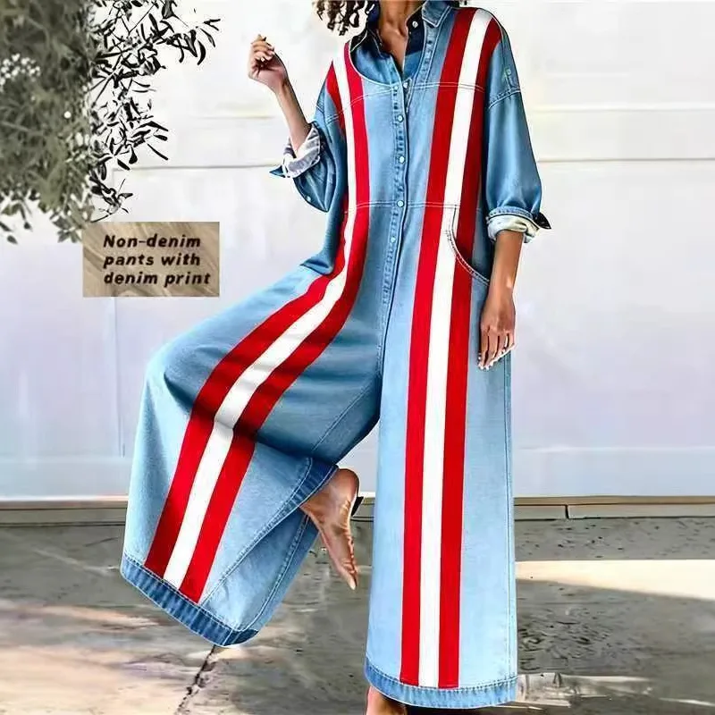 2026 Spring/summer New Retro Letter Printed One-piece Wide Leg Pants Imitating Denim, Washed Loose And Casual