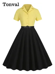 Tonval Yellow and Black Two Tone 50s Rockabilly Cotton Long Dress Women Notched Collar Button Up Belted Formal Dresses