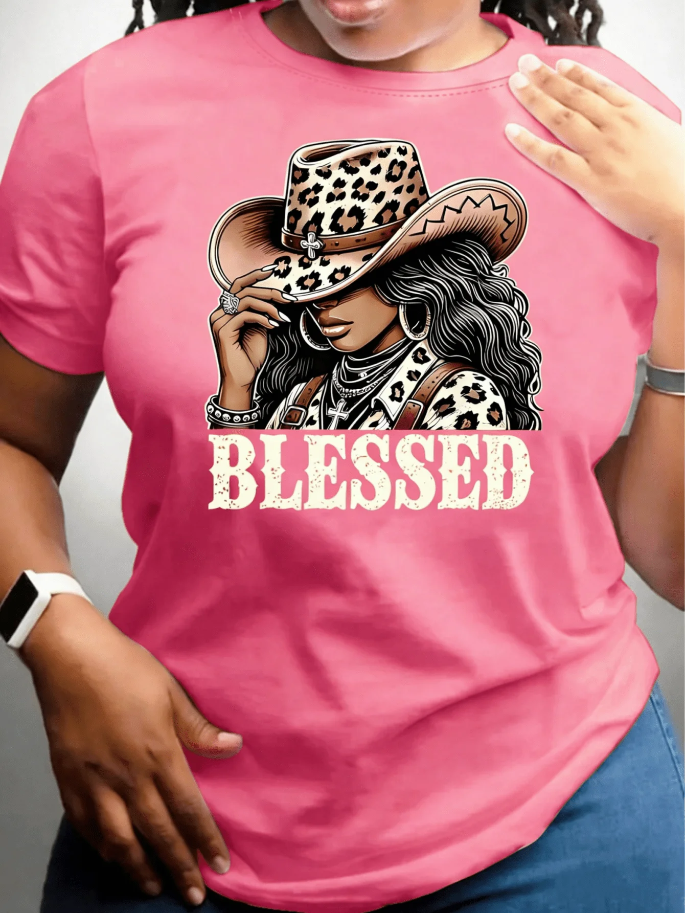 

Plus Size Womens Leopard Print Cowboy Graphic Tee Casual Short Sleeve T-Shirt