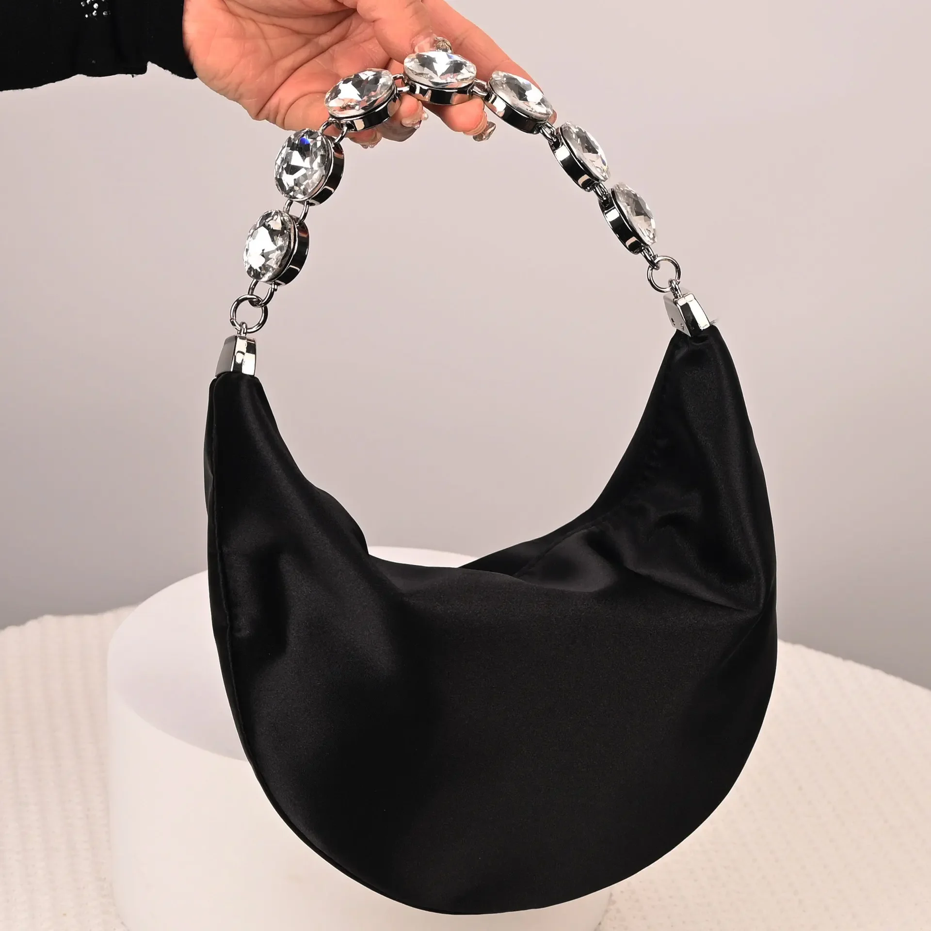

Rhinestone Handle Crystal Bags for Women Purses and Handbags Half Moon Satin Shoulder Bag Silk Crescent Cloud Bag Evening Bags