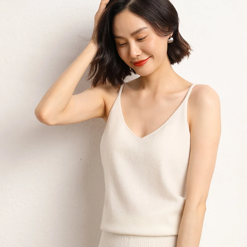 V-Neck 100% Cashmere Camisole Knitted Vest With Solid Color Base Sexy Knitted Sweater Warm And Soft Cashmere Underwear For Women