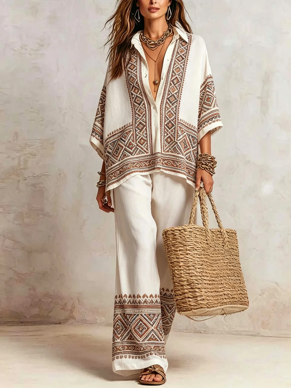 

Summer New Boho Geometric Print Set Women Lapel Collar Shirt Top+High Waist Wide Leg Pants Vacation Style Loose 2 Piece Suit