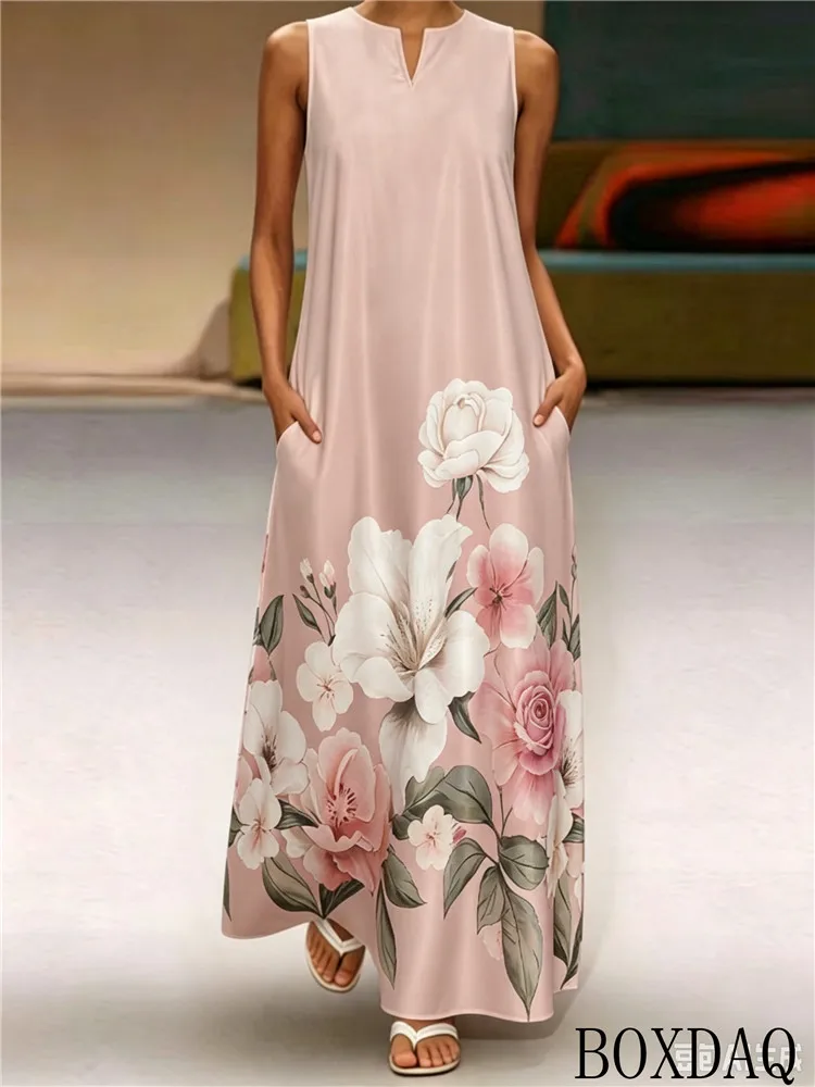Women's Summer New Flower Print Temperament Maxi Dresses Sexy Elegant V-Neck Beach Sleeveless Casual PocketsTank Long Dresses