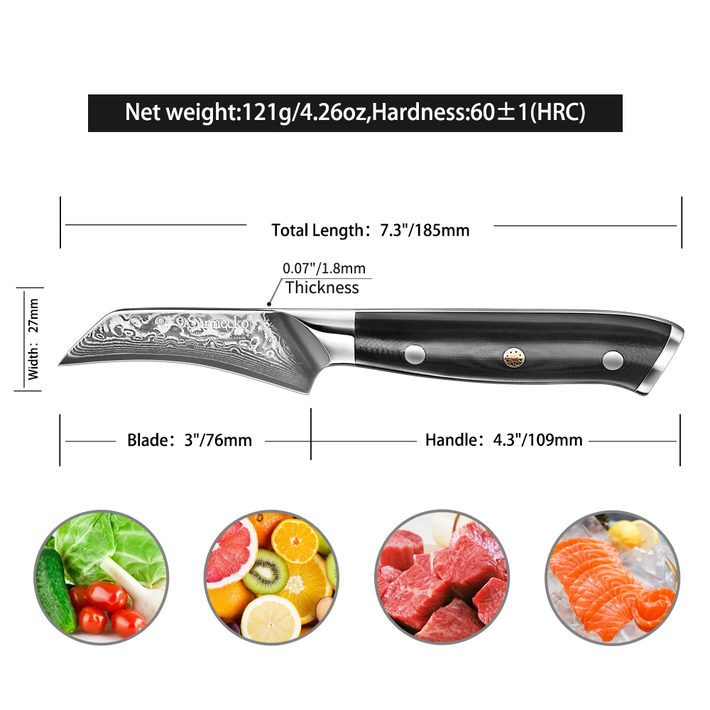 SUNNECKO Curved Peeling Knife 3'' Damascus Steel Paring Slicing Japanese Style VG10 core Fruit Vegetable Kitchen Chef Home Use