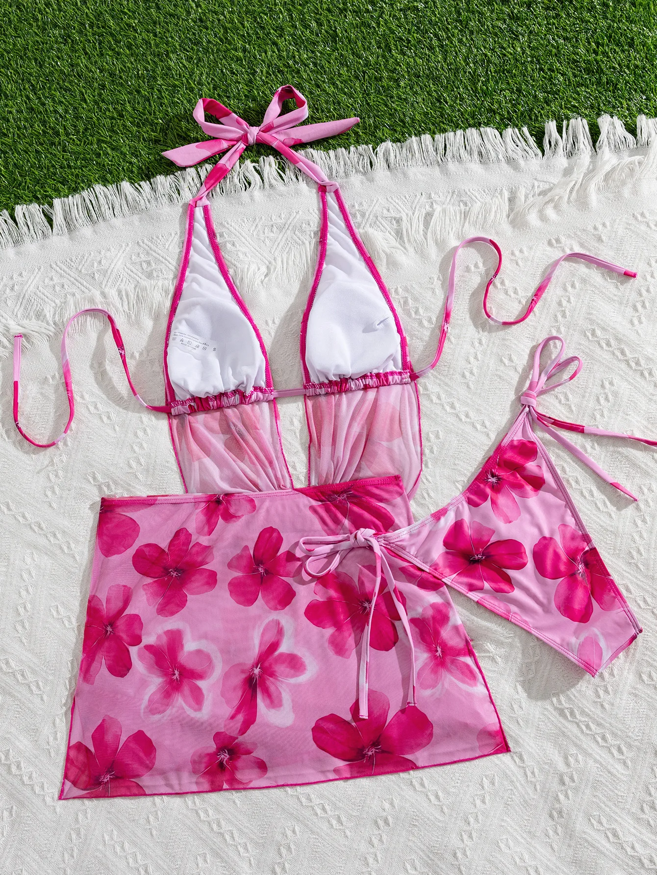 sexy pink flower print bikinis sets 3pcs with wrinkled mesh mini skirt wave swimwear bathing suit swimsuits tankini biquini