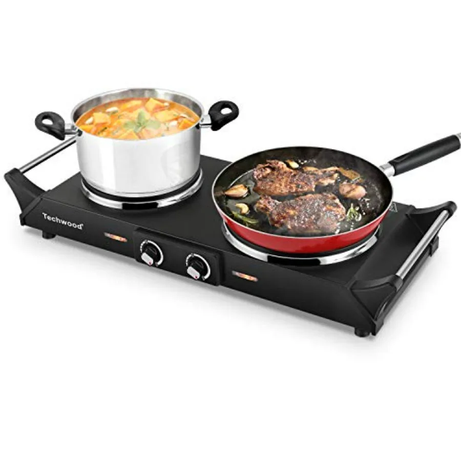 

ES-3203 Electric Hot Plate Double Burner 1800W Cooking with Adjustable Temperature Stay Cool Handles Black Stainless Steel Comp