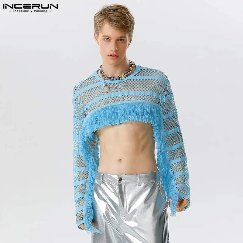 2023 Men T Shirt Mesh Tassel Hollow Out Transparent Male Crop Tops O-neck Long Sleeve Sexy Streetwear Camisetas S-5XL INCERUN 7