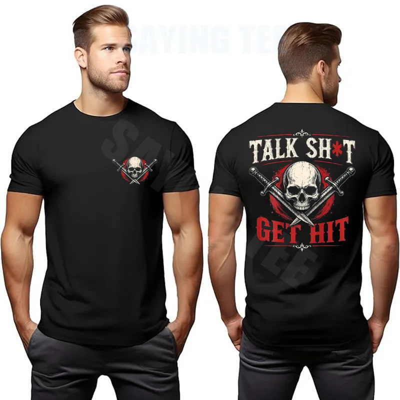 Talk Shit Get Hit Lustiges Sarkastisches Spruch-T-Shirt Witziges T-Shirt Y2k Totenkopf Horror Herrenbekleidung Halloween-Kostüm Baumwolle Streetwear Top – Detail 3