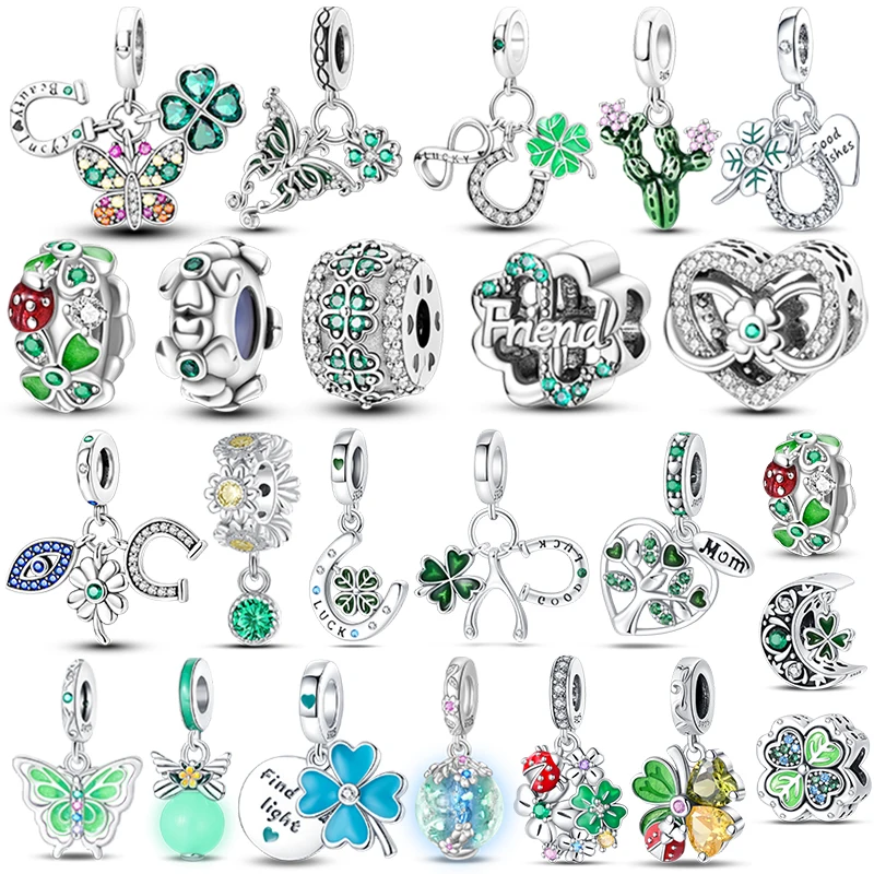 925 Sterling Silver Green Series Green Four Leaf Pendant DIY Fine Beads Fit 4MM hole diameter Charms Bracelet Women Jewelry Diy