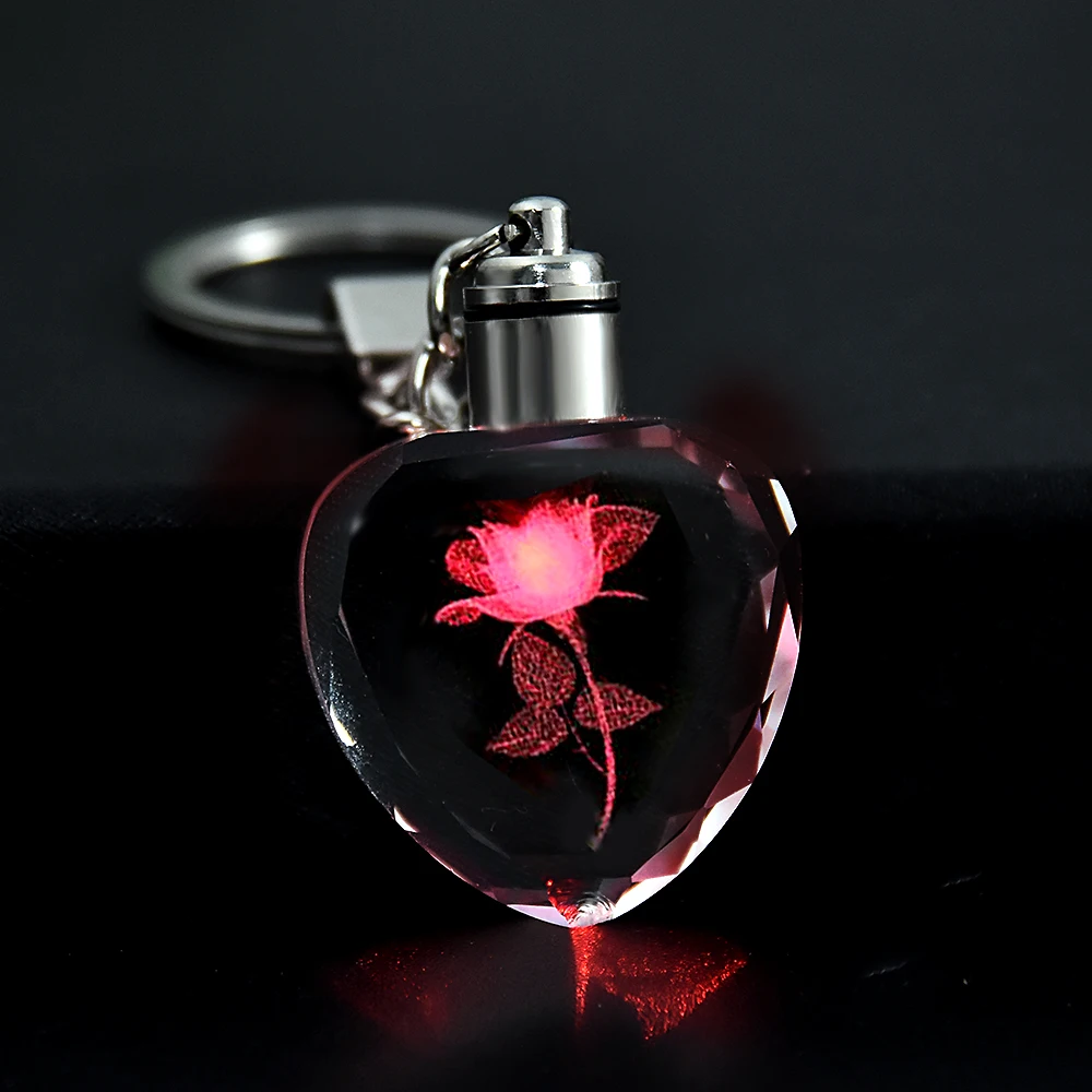 Strass en cristal de forme d'amour avec motif de fleur de rose dégradée, lumière LED, chaîne de continent, clé d'amant, bijoux JOKeyring, coloré, mode