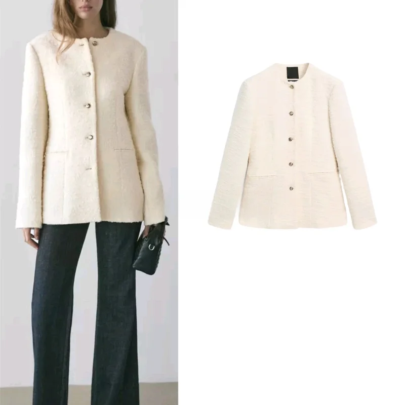 

MD Winter New round Ne Woolen Suit Jaet French Sle Long Sve Midi Coat Cool Texture Women's Faion Polyester Fiber