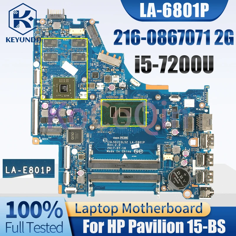 LA-E801P For Dell Pavilion 15-BS Notebook Mainboard 924756-601	SR342 i5-7200U 216-0867071 2G Laptop Motherboard Full Tested