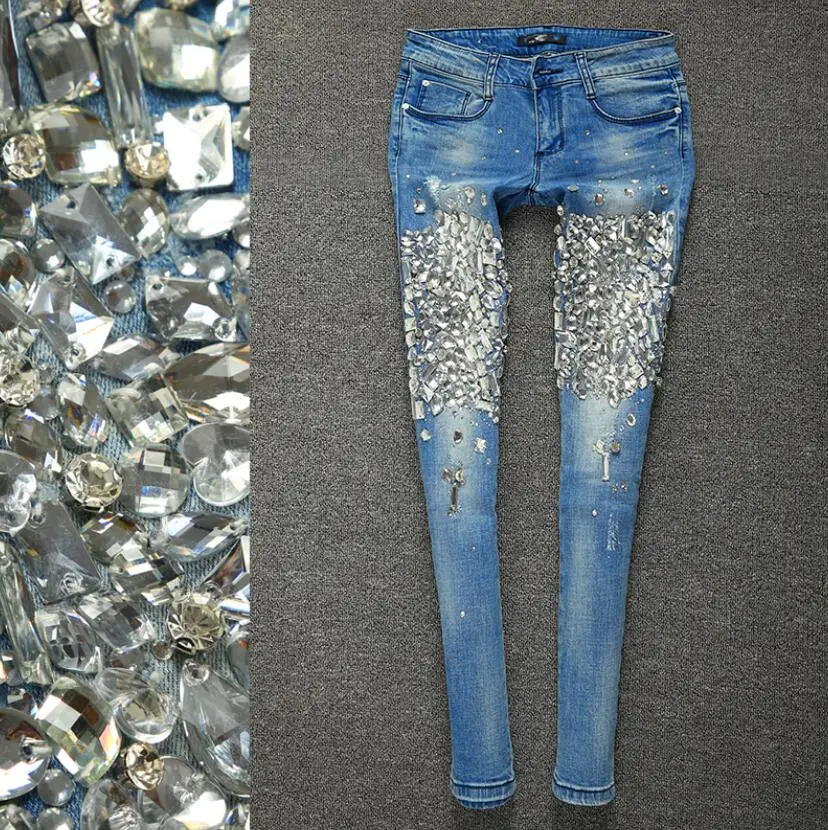 High Street Handmade Diamond Shiny Pencil Jeans Women Fashion Stretch Skinny Denim Pants q666