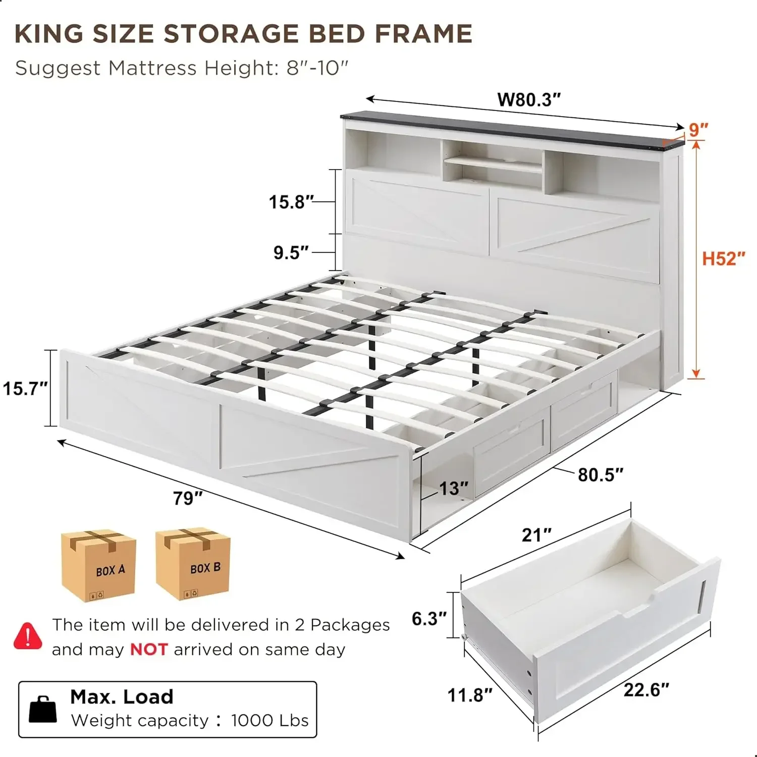 Farmhouse King Size Wood Bed Frame,LED Light,Charging Station,Solid Wood Slats Support,Noiseless,No Box Spring Needed,White