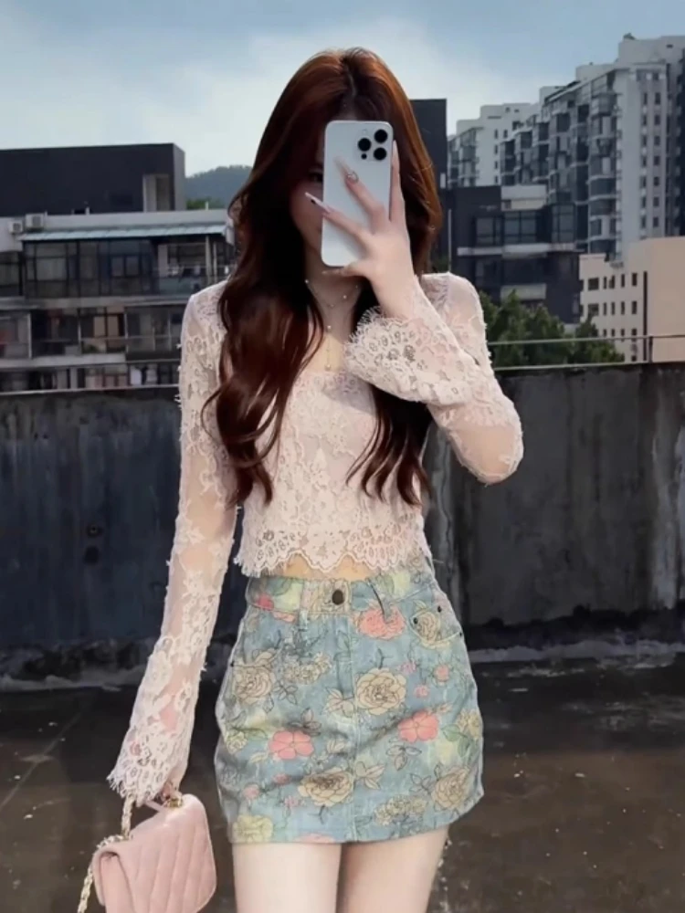 

Korean Sle Spicy Girl Set Women's Design Sense Lace Long Sve T-irt Top High Waist Slimming Skirt Two-piece Set