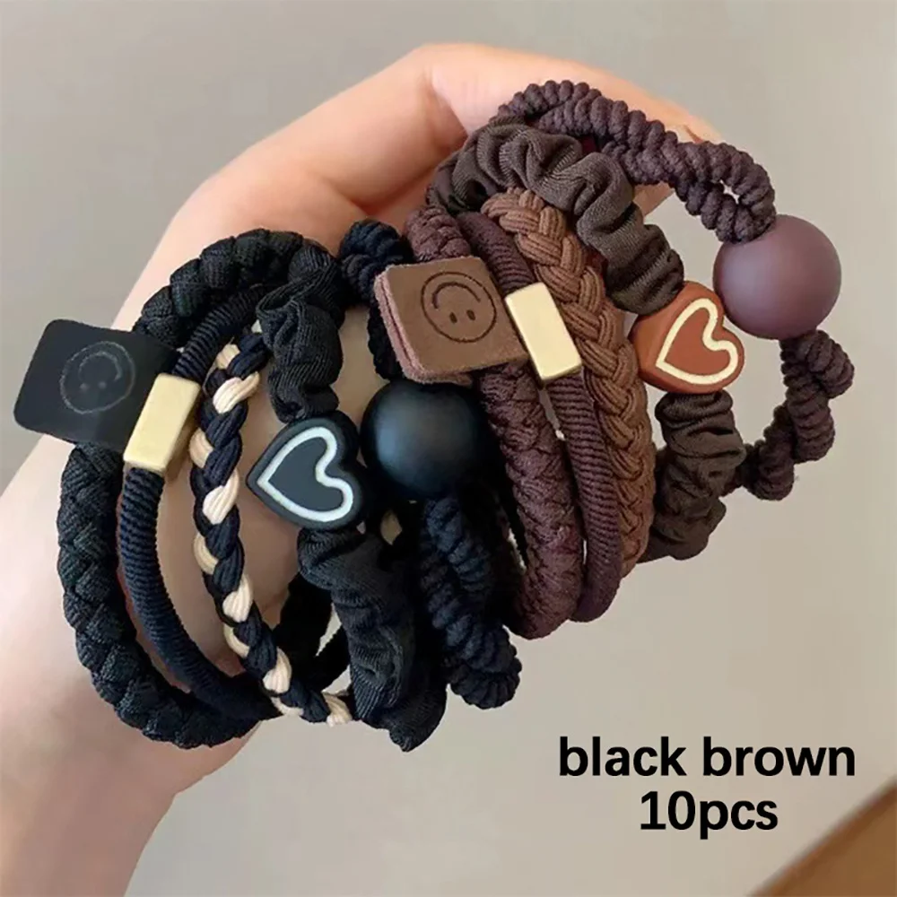 

Набор из 10 эластичных резинок для волос черного, коричневого и светлых оттенков: милые резинки-скранчи для хвоста для женщин и девочек, повседневные аксессуары для волос