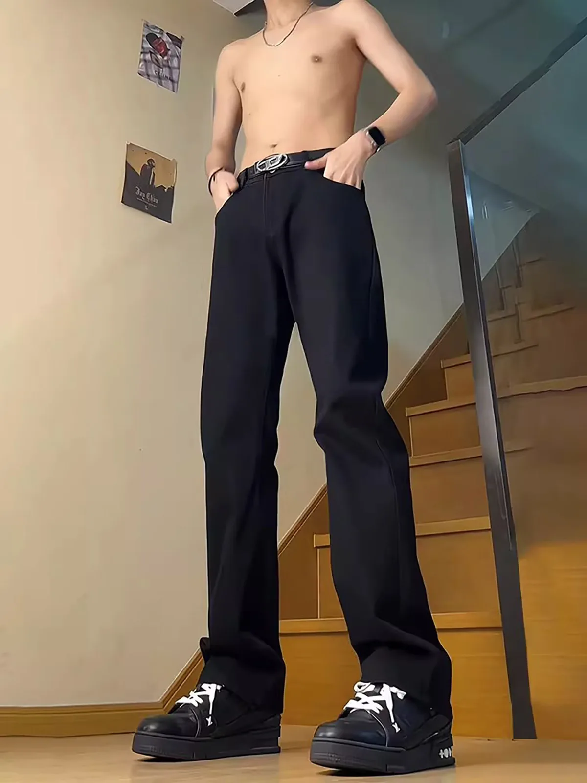 

Cement Color Flared Straight Leg Jeans Men Women Sle Spring High Street Slimming Wide Leg Floor Length Pants