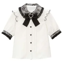 Japanese Kawaii Lapel Neck Bow Shirts Women Summer Short Sleeve Lace Lolita Blouses Y2k Grunge Heart Button Blusas Mujer 3