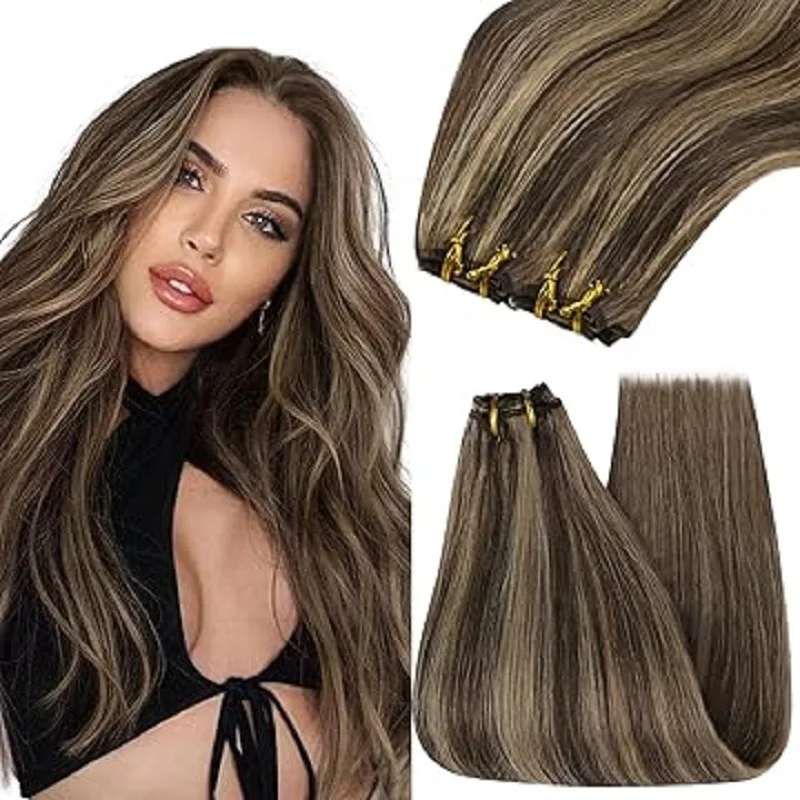 

YoungSee Weft Hair Extensions Invisible Weft Remy Hair Bundles Pure and Highlight Color For Women