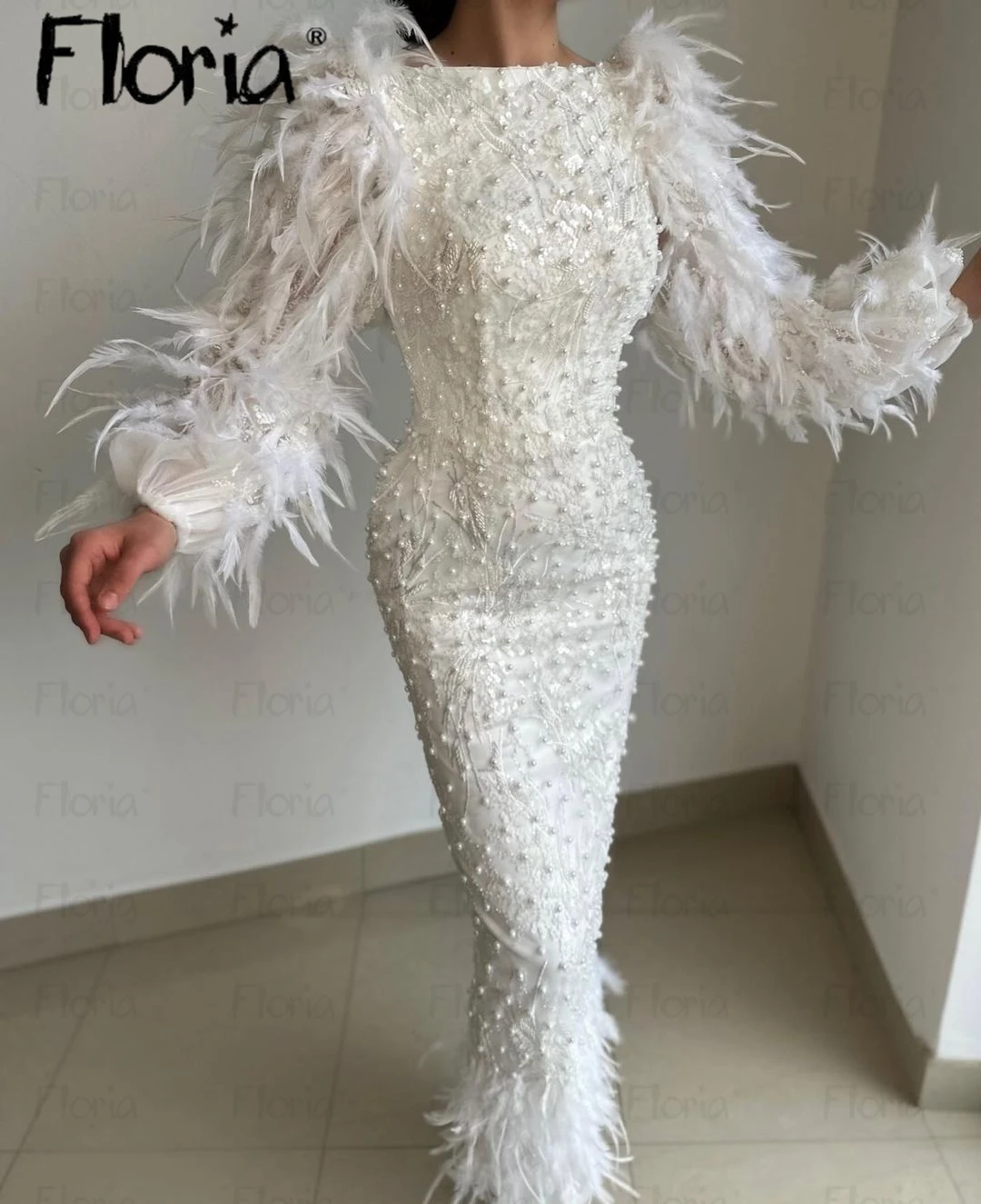 Feather Sleeves and Bottom Evening Dress Muslim Dubai Pearls Luxury Formal Gowns Women Wedding Party Dresses Celebrity Dresses