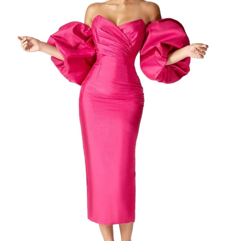 

Popular Tea-Length Evening Dress With Puff Short Sleeve Straight Satin Formal Party Gowns Women Brithday Occasion Dresses