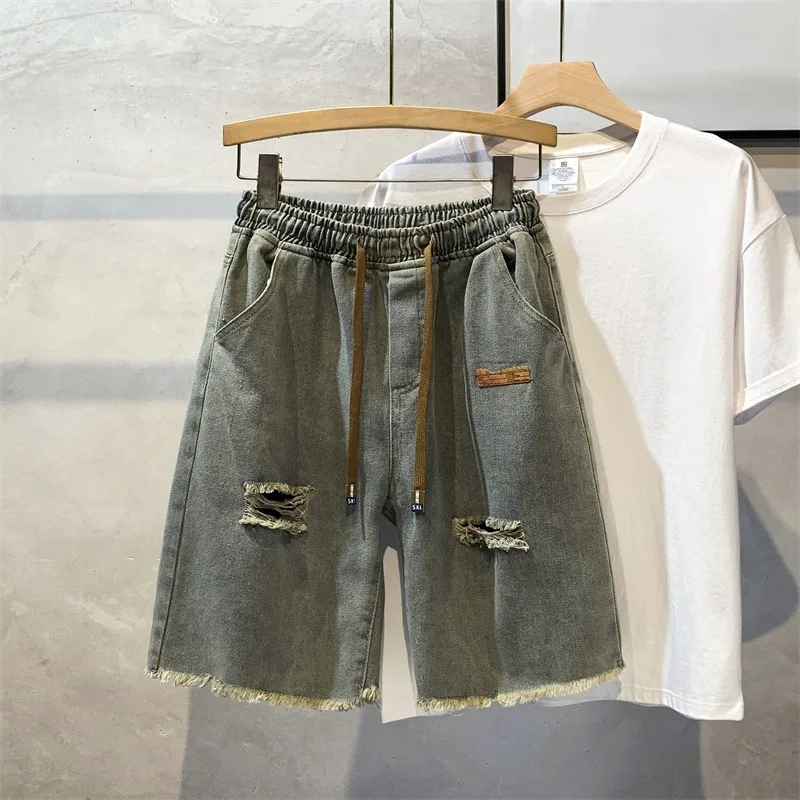 Retro Men's Denim Shorts Perforated Solid Color Pocket Shorts Fashionable Casual Short Jeans Harajuku High Street Men's Clothing