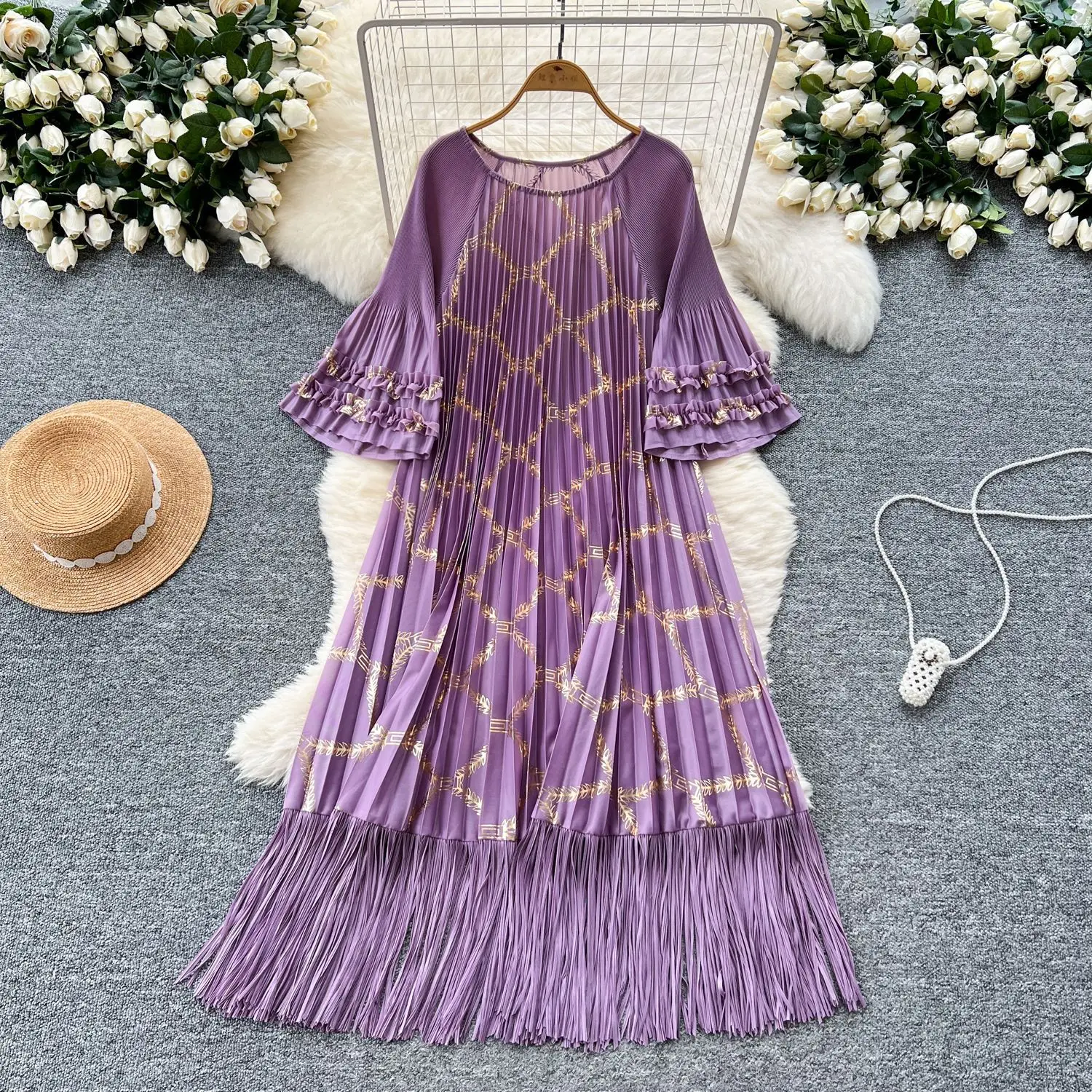 

Dress Women Long Dresses A Line Vestidos Print Streetwear Round Neck Flare Sleeve Elegant Splice Y2k Party Night Summer 2025