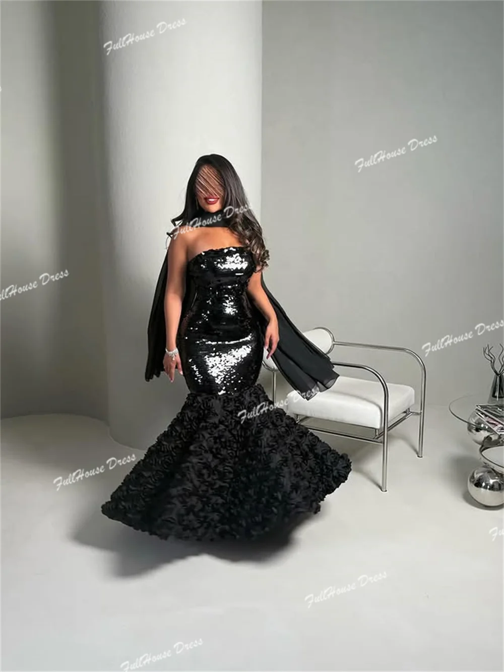 Gaun Malam Mewah Buatan Khusus Kerah Kapal Payet Berkilau Seksi Model Duyung Tanpa Punggung Panjang Menyentuh Lantai Hiasan Bunga untuk Pesta Prom Wanita