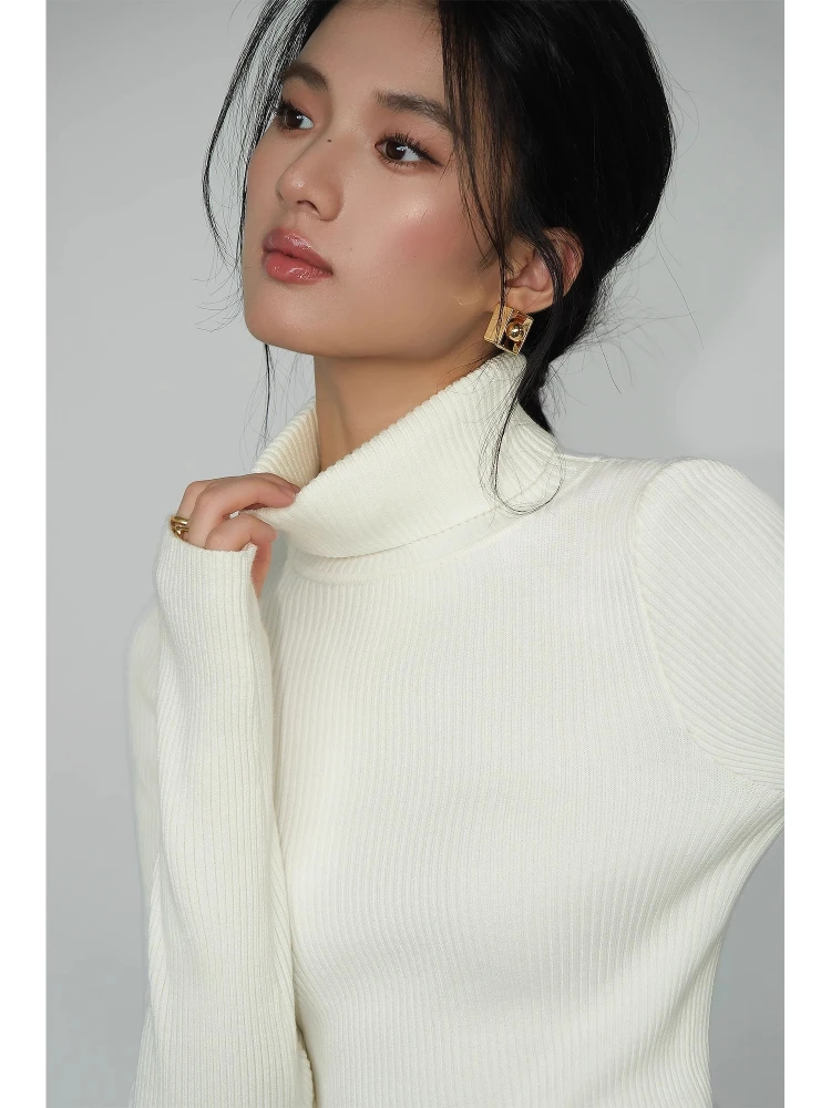 Hiver solide pull 2025 pull tricoté femmes Version coréenne pull à col roulé mince trou de doigt rodage chaud hauts basiques