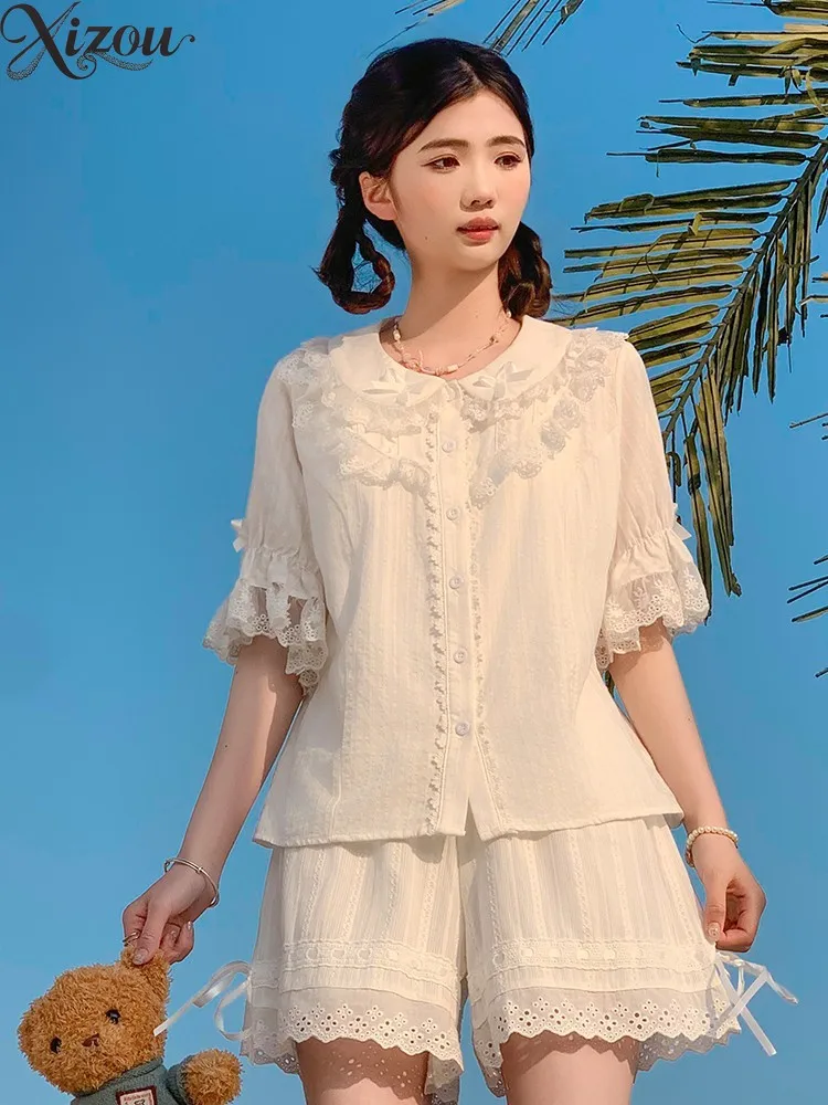 

Sweet Japanese Lolita Blouse Puff Sleeve Shirt Peter Pan Collar Tops Summer Cotton Short Sleeve Top Kawaii Candy Princess JK​