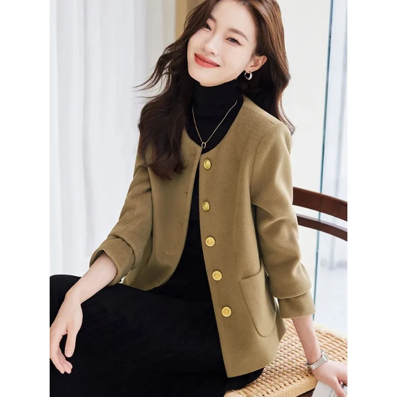 Woolen Women Suit Blazer 1 Piece Green Beige Gray Ladies Jacket Female Long Sleeve O-Neck Autumn Winter Coat With Pocket