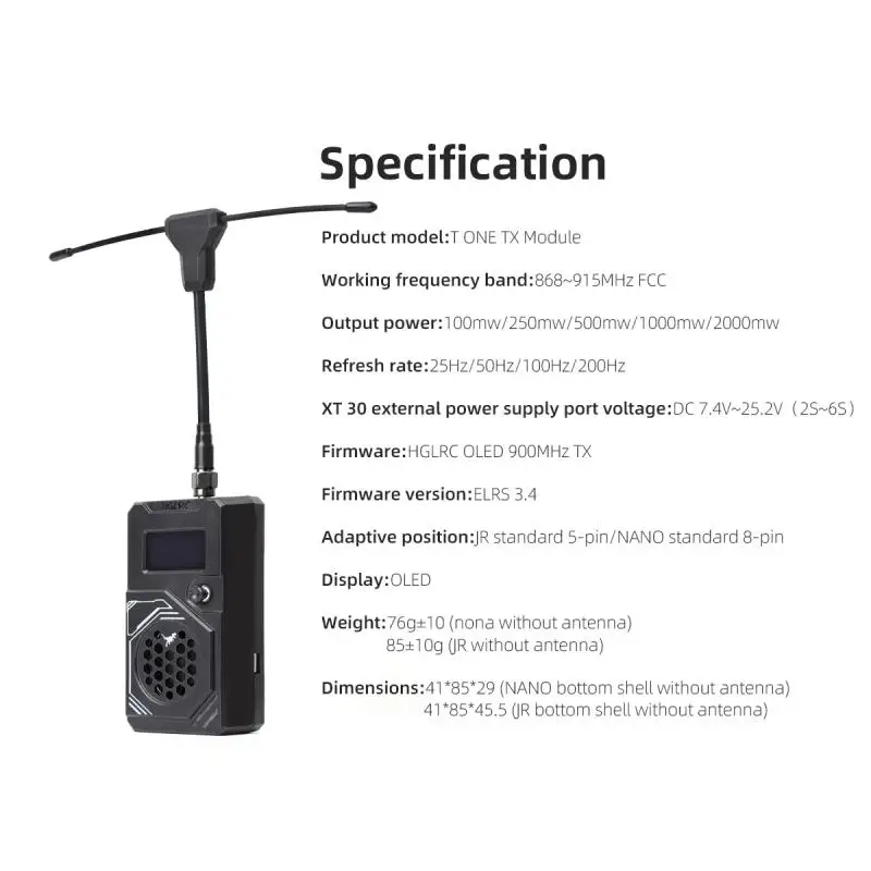 HGLRC T ONE TX Module ELRS 915Mhz 2W High Power 868-915MHz FCC 3-6S Wide Transmission Distance for FPV Long Range Racing Drone