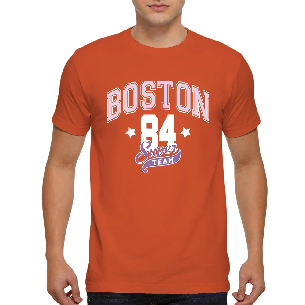 Mens 100% Cotton T Shirt Boston Super Team Vintage Varsity Arch Cursive Ribbon Banner Print Breathable Short Sleeve Daily Wear
