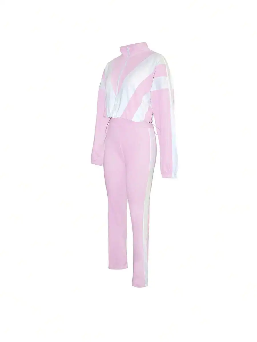 Conjunto Deportivo Color Block para Mujer - Top de Manga Larga y Pantalones Ajustados de Cintura Alta