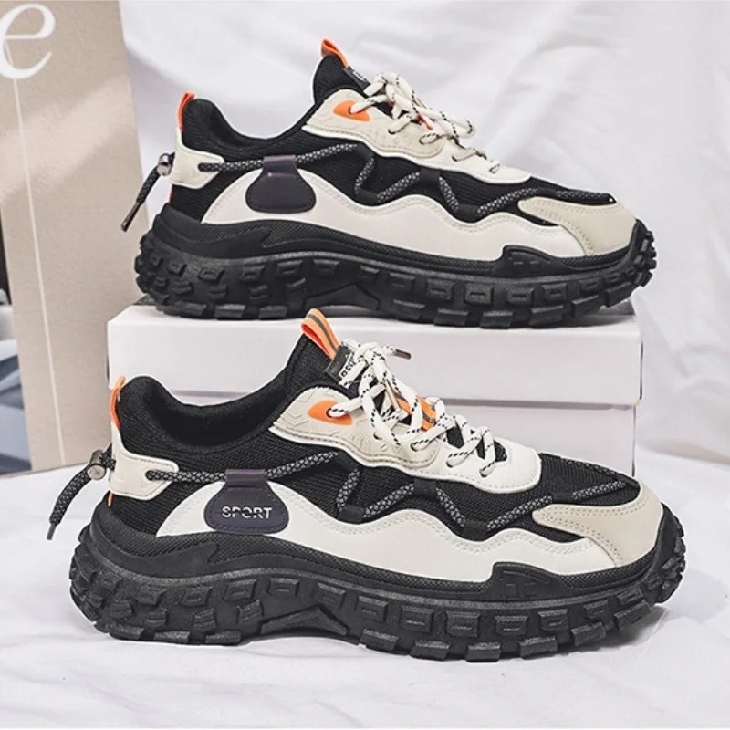 

Spring 2025 Men's Breathable Mesh Sports Shoes Korean Style Versatile Thick Bottom Anti-slip Running Dad Shoes round Toe Soli...